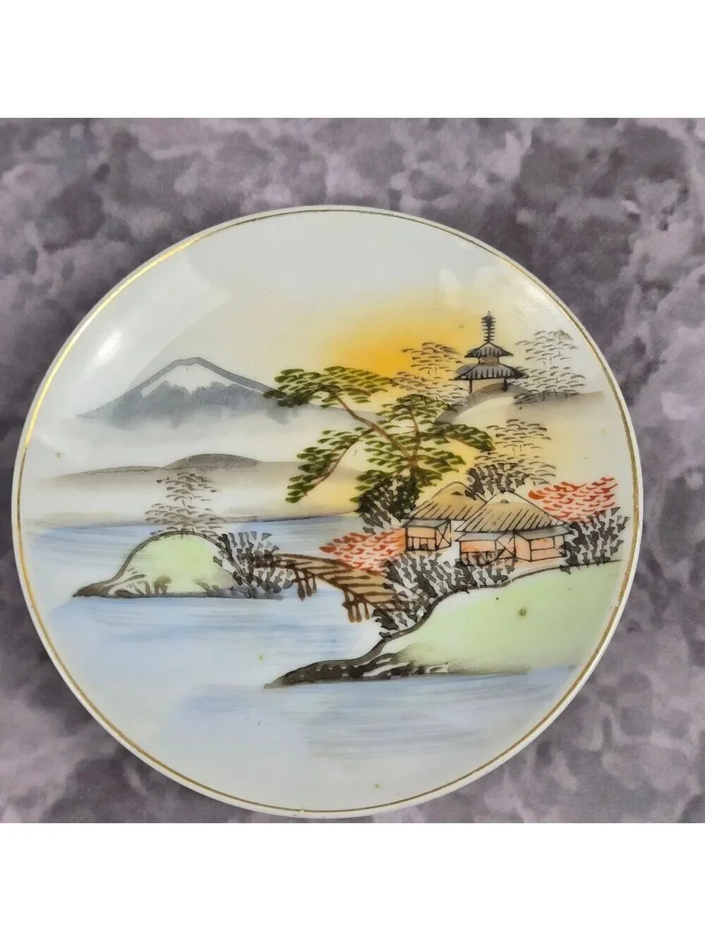 Vintage Demitasse Tea Cup Saucer Hand Painted Occupied Japan Mountain Village